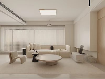 Modern Minimalist Living Room Interior With Beige Sofa Round Coffee Table And Large Windows 3d model