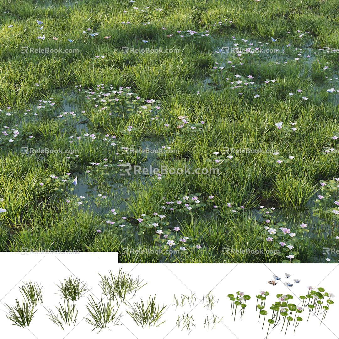 Modern Grassland Lawn Sod Water Grass Wetland Butterfly 3d model