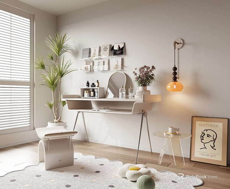 Modern Dressing Table Interior Design With Wall Pictures Potted Plant And Hanging Lamp 3d model 