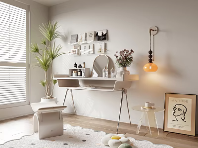 Modern Dressing Table Interior Design With Wall Pictures Potted Plant And Hanging Lamp 3d model
