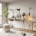 Modern Dressing Table Interior Design With Wall Pictures Potted Plant And Hanging Lamp