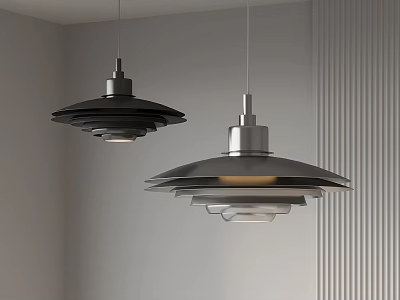 Modern Layered Metal Pendant Lights with Black and Silver Finish in Minimalist Interior 3d model