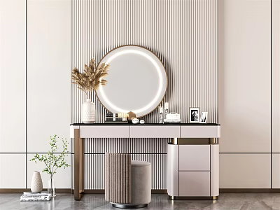 Elegant Modern Dressing Table With Round Mirror Marble Countertop And Decorative Items 3d model