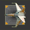 Futuristic Spaceship Model With Blue Orange Accents On Gray Geometric Texture Platform