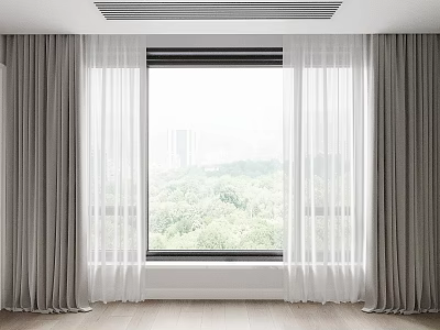 Thick Gray Curtains And White Sheer For Window With Green Trees View In Bright Modern Interior 3d model