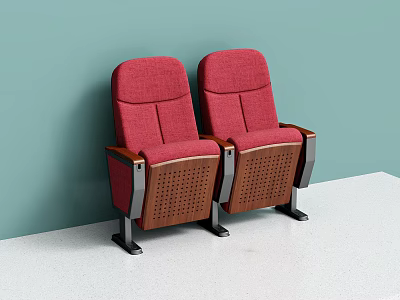 Two Red Public Chairs With Wooden Armrests Against Light Green Wall 3d model