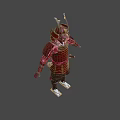 Samurai Warrior In Red Traditional Armor With Dragon Motifs And Horned Helmet Design