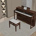 Brown Piano With Matching Stool Music Sheet And Geometric Decor By Window On Rug