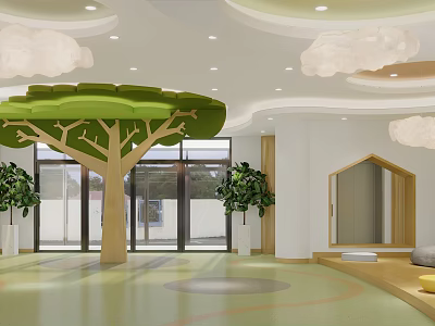 Spacious Kindergarten Interior With Tree Decor Cloud Lights And Plants 3d model