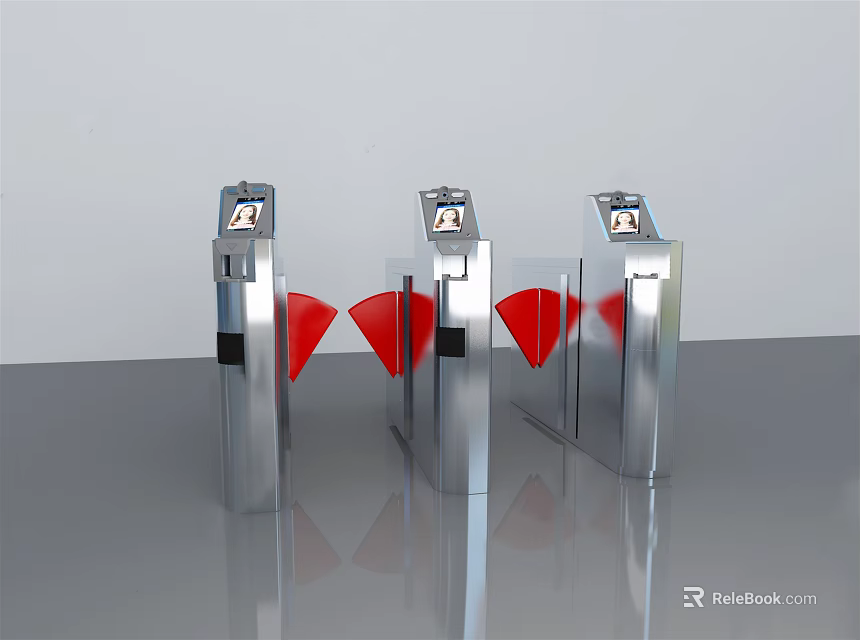 Three Modern Silver Metal Turnstiles With Red Barriers And Display Screens For Public Access Control 3d model 