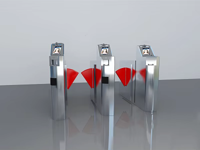 Three Modern Silver Metal Turnstiles With Red Barriers And Display Screens For Public Access Control 3d model