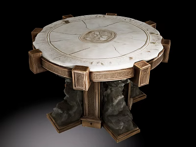 Indoor Scene With Classical Round Marble Table Carved Patterns And Wooden Supporting Pillars 3d model