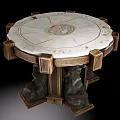 Indoor Scene With Classical Round Marble Table Carved Patterns And Wooden Supporting Pillars