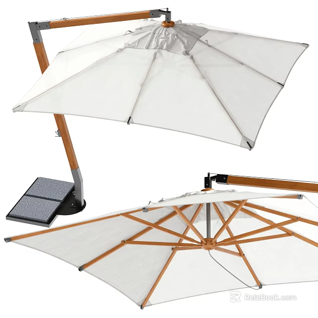 White Canvas Patio Umbrella With Wooden Support Frame And Stable Base Design 3d model 