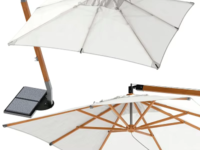 White Canvas Patio Umbrella With Wooden Support Frame And Stable Base Design 3d model