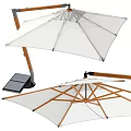 White Canvas Patio Umbrella With Wooden Support Frame And Stable Base Design