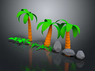 Cartoon Tropical Scene With Green Palm Trees Orange Trunks Small Plants And Gray Stones 3d model