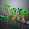 Cartoon Tropical Scene With Green Palm Trees Orange Trunks Small Plants And Gray Stones