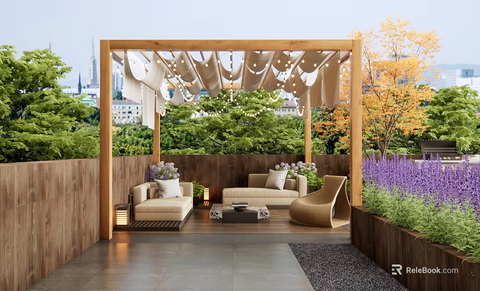 Cozy Wooden Pergola Outdoor Relaxation Area With Sofas Plants And Lighting 3d model 