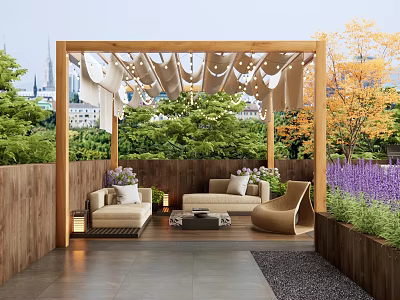 Cozy Wooden Pergola Outdoor Relaxation Area With Sofas Plants And Lighting 3d model