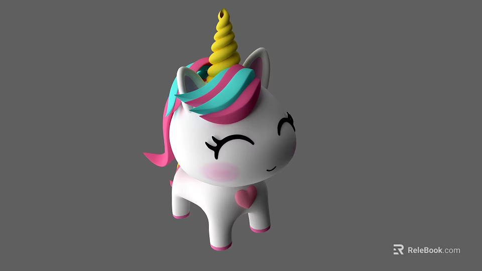 Cute White Unicorn Toy With Yellow Spiral Horn Colorful Mane And Heart On Chest 3d model 