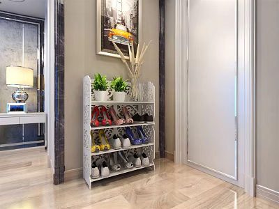Modern Multi Tiered Shoe Cabinet With Potted Plants And Shoes In Entryway 3d model