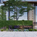Modern Building Entrance Feature Wall With Green Hedge Trees And Flowers