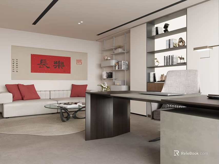 Modern Office Interior With Sofa Red Cushions Coffee Table Bookshelves And Desk 3d model 