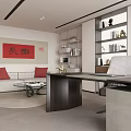 Modern Office Interior With Sofa Red Cushions Coffee Table Bookshelves And Desk