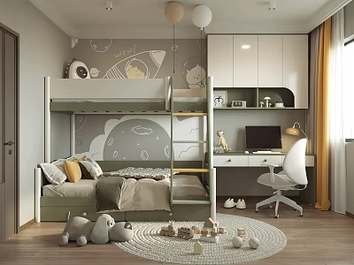 Cozy Kids Room Interior With Bunk Bed Desk Toys Rug And Wall Decor 3d model
