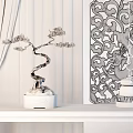 Pine Bonsai Plant In Brown Pot With Carved Screen And Curtain Decoration