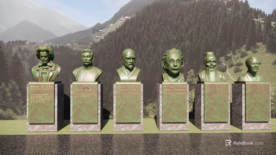 Garden Landscape Featuring Five Bronze Busts On Stone Plinths With Mountainous Backdrop And Green Grassland 3d model 
