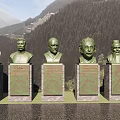 Garden Landscape Featuring Five Bronze Busts On Stone Plinths With Mountainous Backdrop And Green Grassland