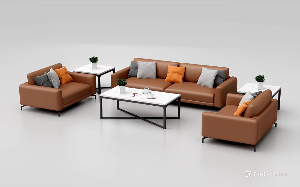 Modern Brown Leather Sofa and Coffee Table Set with Colorful Cushions and White Top 3d model 