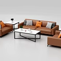Modern Brown Leather Sofa and Coffee Table Set with Colorful Cushions and White Top