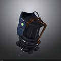 3D Model of Blue and Black Weapon with Orange Metal Parts and Green Glowing Light