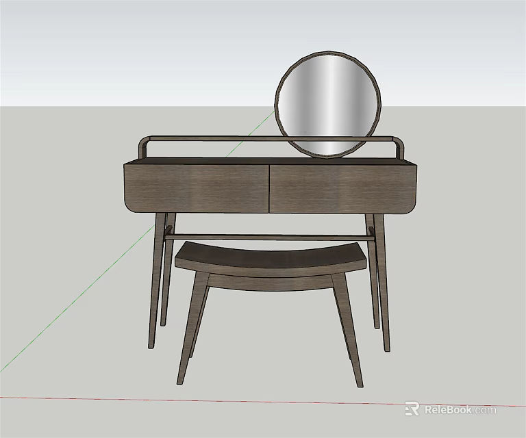 Modern Wooden Dressing Table With Round Mirror And Matching Stool 3d model