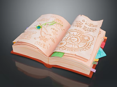 Open Red Cover Book With Hand Drawn Diagrams Notes And Colorful Bookmarks 3d model