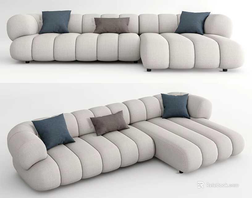 Comfortable Light Gray L shaped Sectional Sofa with Navy and Brown Decorative Cushions 3d model