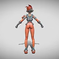 Woman in Orange and Gray Futuristic Armor With Red Hat Standing Dynamic Pose