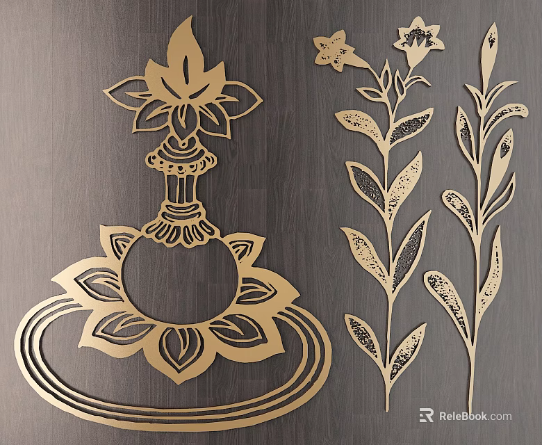 Golden Carved Floral Patterns with Intricate Leaf Designs on Dark Wood Surface 3d model 
