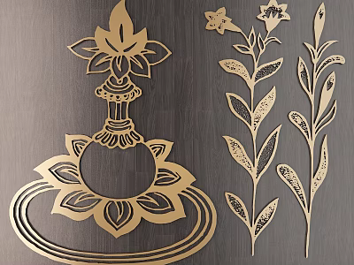 Golden Carved Floral Patterns with Intricate Leaf Designs on Dark Wood Surface 3d model