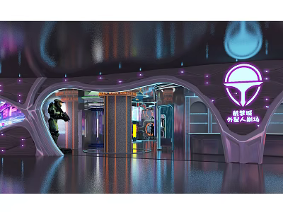 Futuristic Sci Fi Robot Base Interior With Glowing Signage And Metallic Structures 3d model