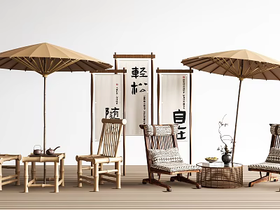 Bamboo Outdoor Chairs with Natural Umbrellas and Wooden Screens for Relaxing Casual Outdoor Spaces 3d model