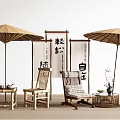 Bamboo Outdoor Chairs with Natural Umbrellas and Wooden Screens for Relaxing Casual Outdoor Spaces