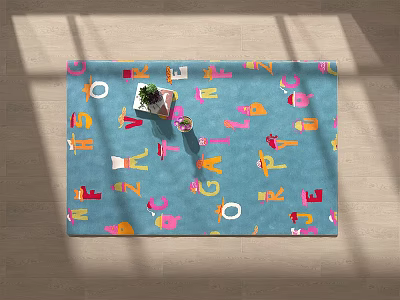 Square Blue Rug with Colorful Alphabet Patterns in Bright Sunlight 3d model