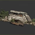 Natural Stone Structure with Green Plants and Rocky Ground Outdoor Scene