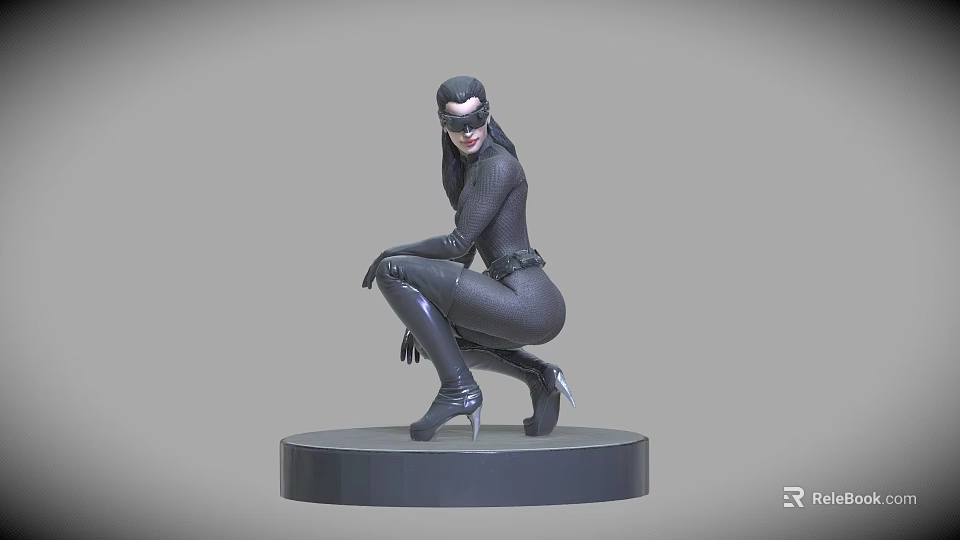 Game Movie Character In Black Leather Outfit Masked Crouching Pose Sculpture Statue 3d model 