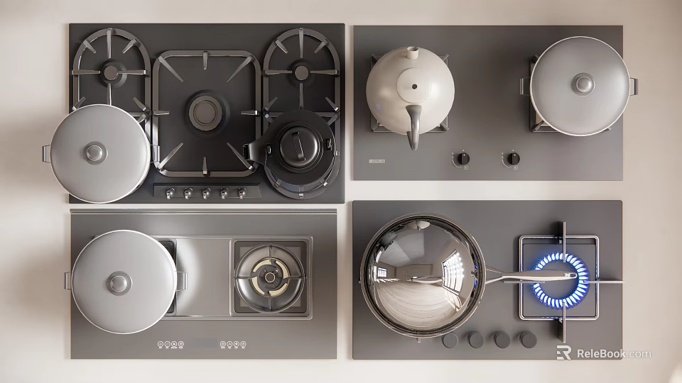 Modern Kitchen Cooking Appliances With Gas Stove Pans Teapot And Control Knobs 3d model