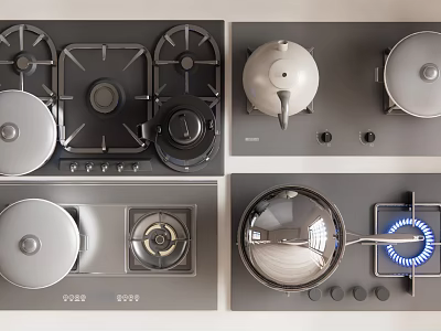 Modern Kitchen Cooking Appliances With Gas Stove Pans Teapot And Control Knobs 3d model